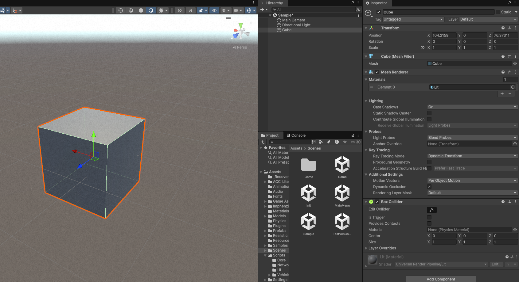 cube-in-unity3d-scene-window-and-showing-cube-properties-inside-inspector-window