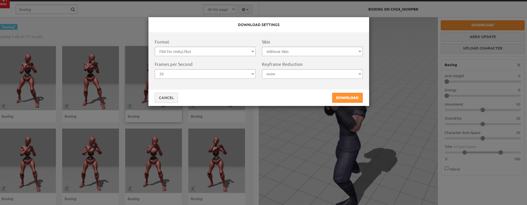 mixamo-download-popup-menu