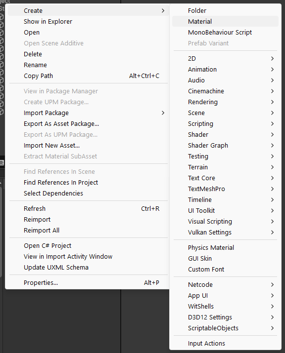 Right-click context menu in Unity's Project window, showing the Create > Material option