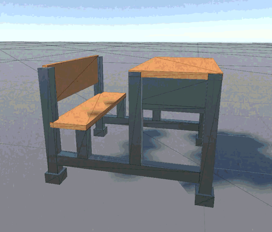 A finished wooden bench with a brown wood material on the seat and a metallic silver material on the legs