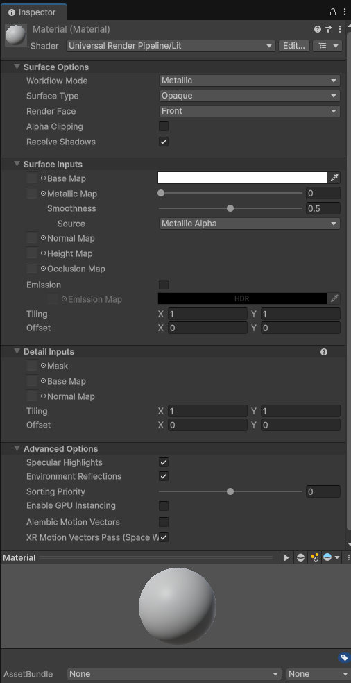 Unity material Inspector panel, showing the shader dropdown and surface properties