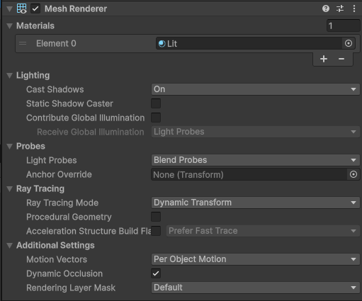 Unity's Mesh Renderer component, showing the Materials list in the Inspector panel