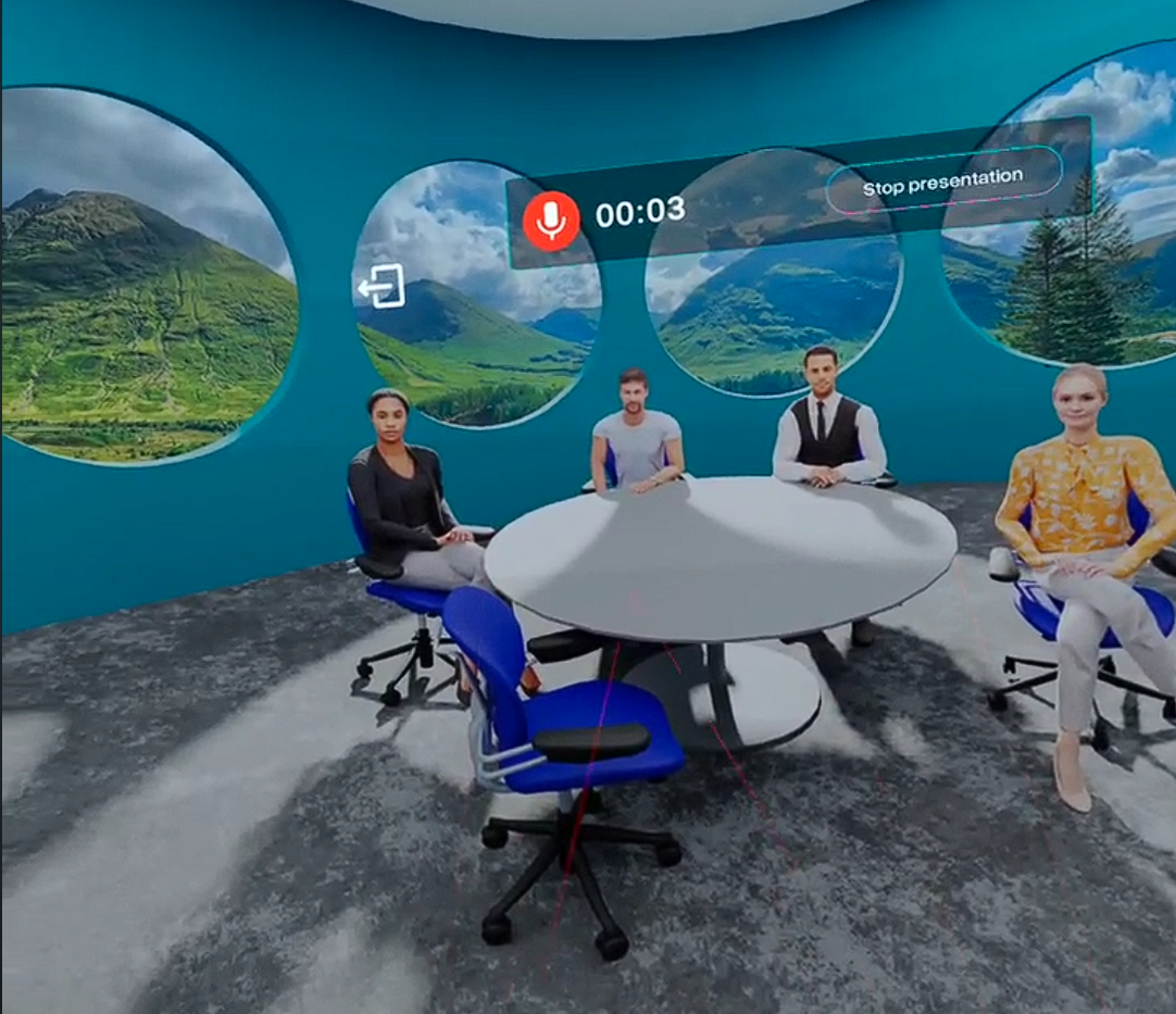 User standing in panoramic virtual auditorium