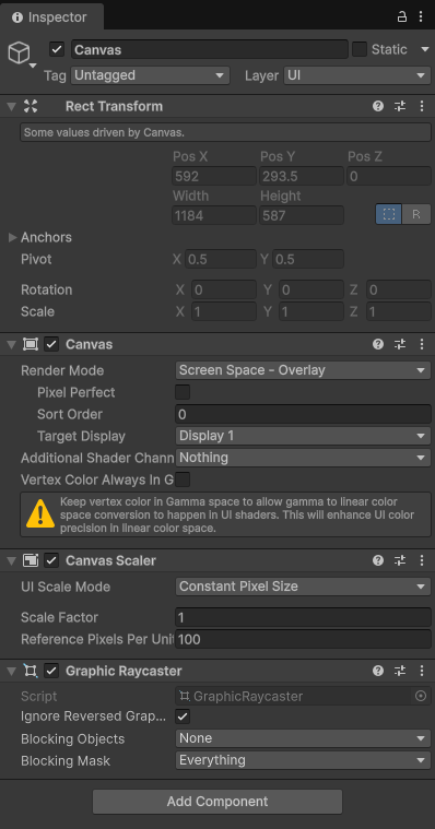 Canvas in the Unity Inspector showing Canvas and Canvas Scaler components